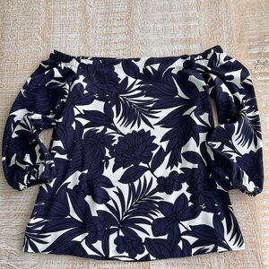 Ann Taylor Navy/Blue White Floral Print Off Shoulder Blouse/Top/Shirt Small